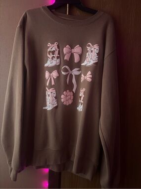 Brown Crewneck Sweatshirt with Pink Bow & Boot Graphics